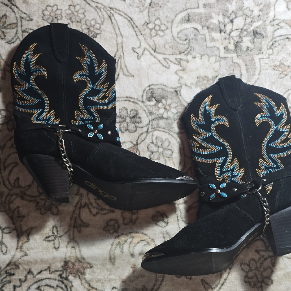 Dingo Black Ankle Boots with Blue and Gold Embroidery